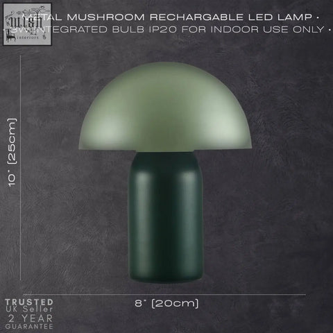 Modern rechargeable mushroom table lamp with touch dimmer featuring a matte metal base and sage green translucent dome