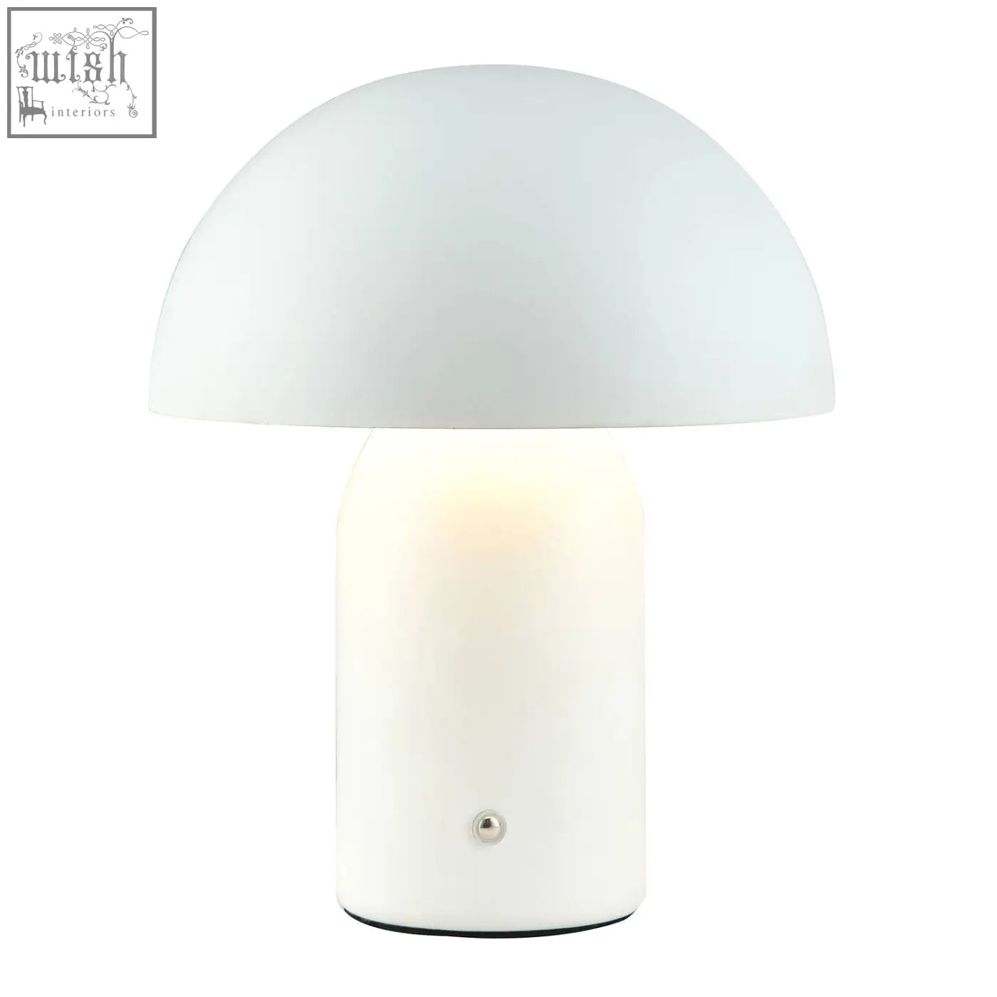 White mushroom table lamp with smooth matte finish and subtle glow rechargeable with touch dimmer feature