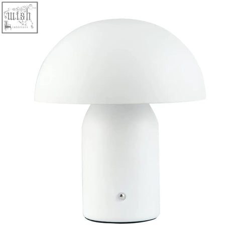 White mushroom table lamp with smooth glossy finish modern rechargeable design and touch dimmer feature