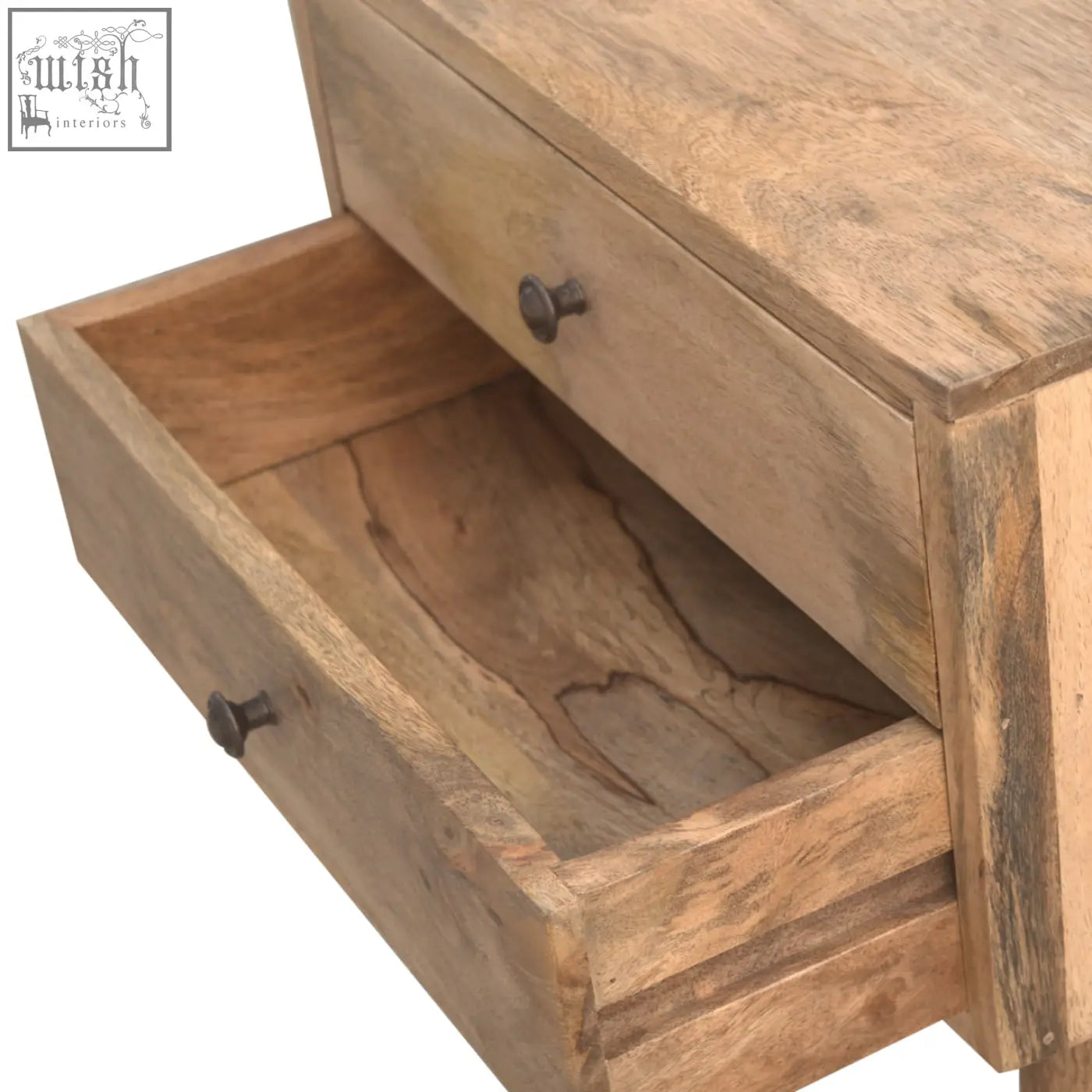 Rustic light brown solid wood bedside table with two drawers and dark metal knobs modern wood bedside table