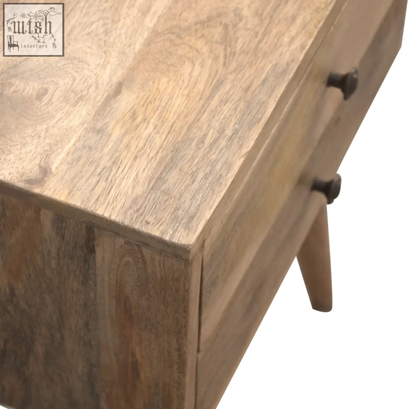 Rustic solid wood bedside table with natural finish two drawers dark metal knobs and slender tapered legs