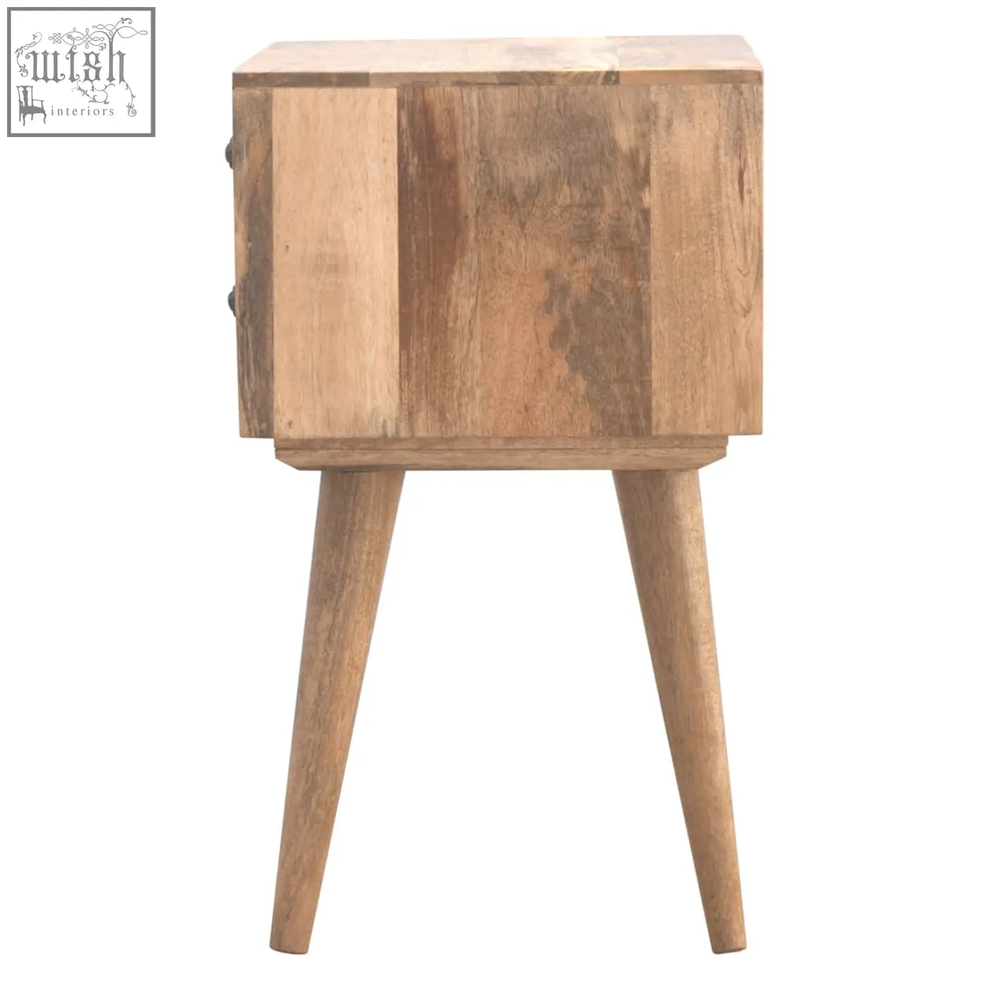 A rustic solid wood bedside table with two drawers and tapered legs in a natural finish wood bedside table