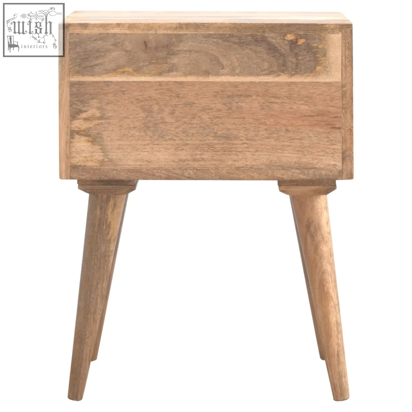 Modern solid wood bedside table with a single drawer and tapered legs in warm beige wood grain