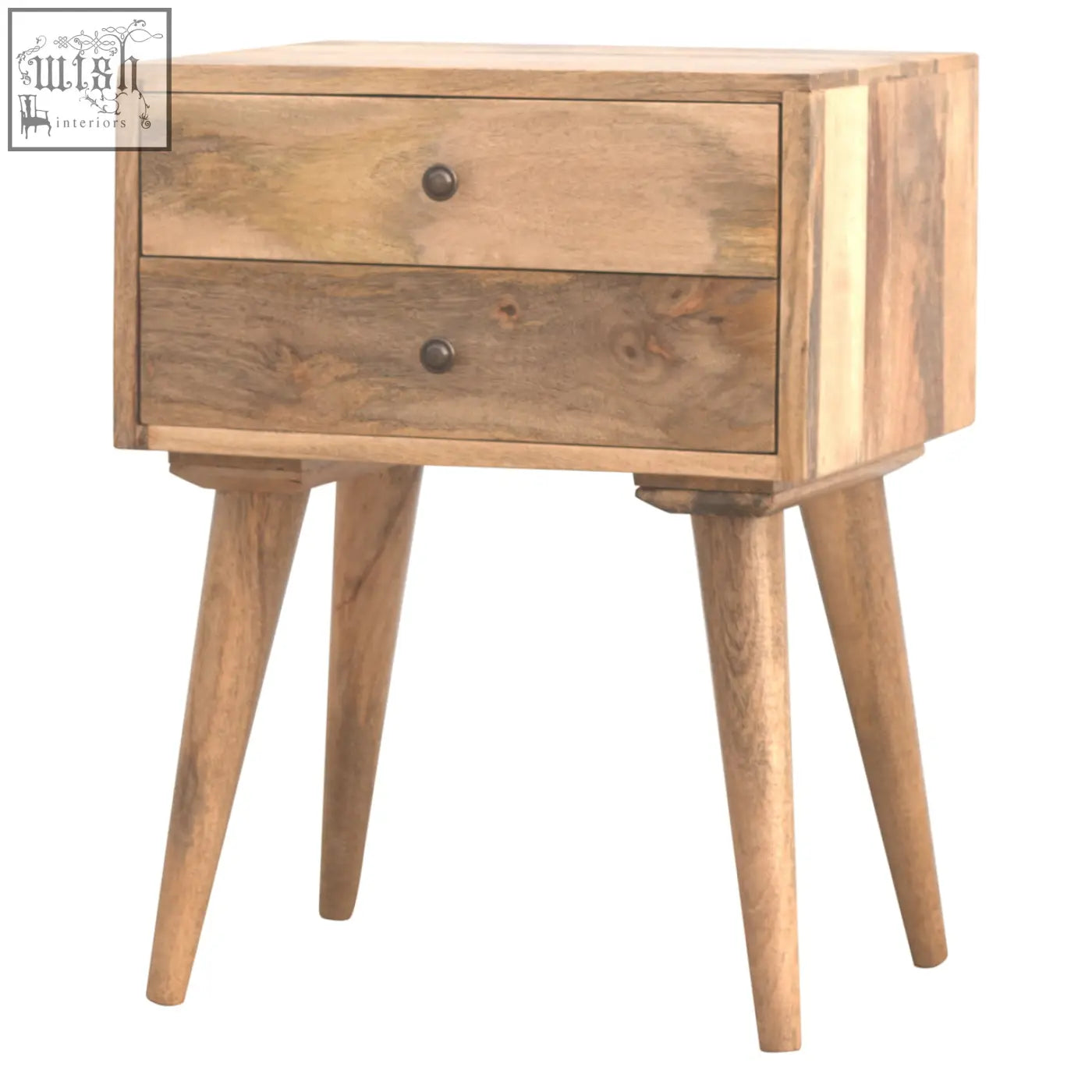 A rustic solid wood bedside table with two drawers and dark metal knobs supported by four tapered legs
