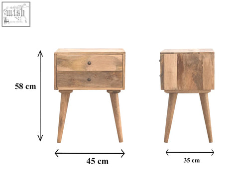 A modern solid wood bedside table with two drawers tapered legs and a natural finish wood bedside table