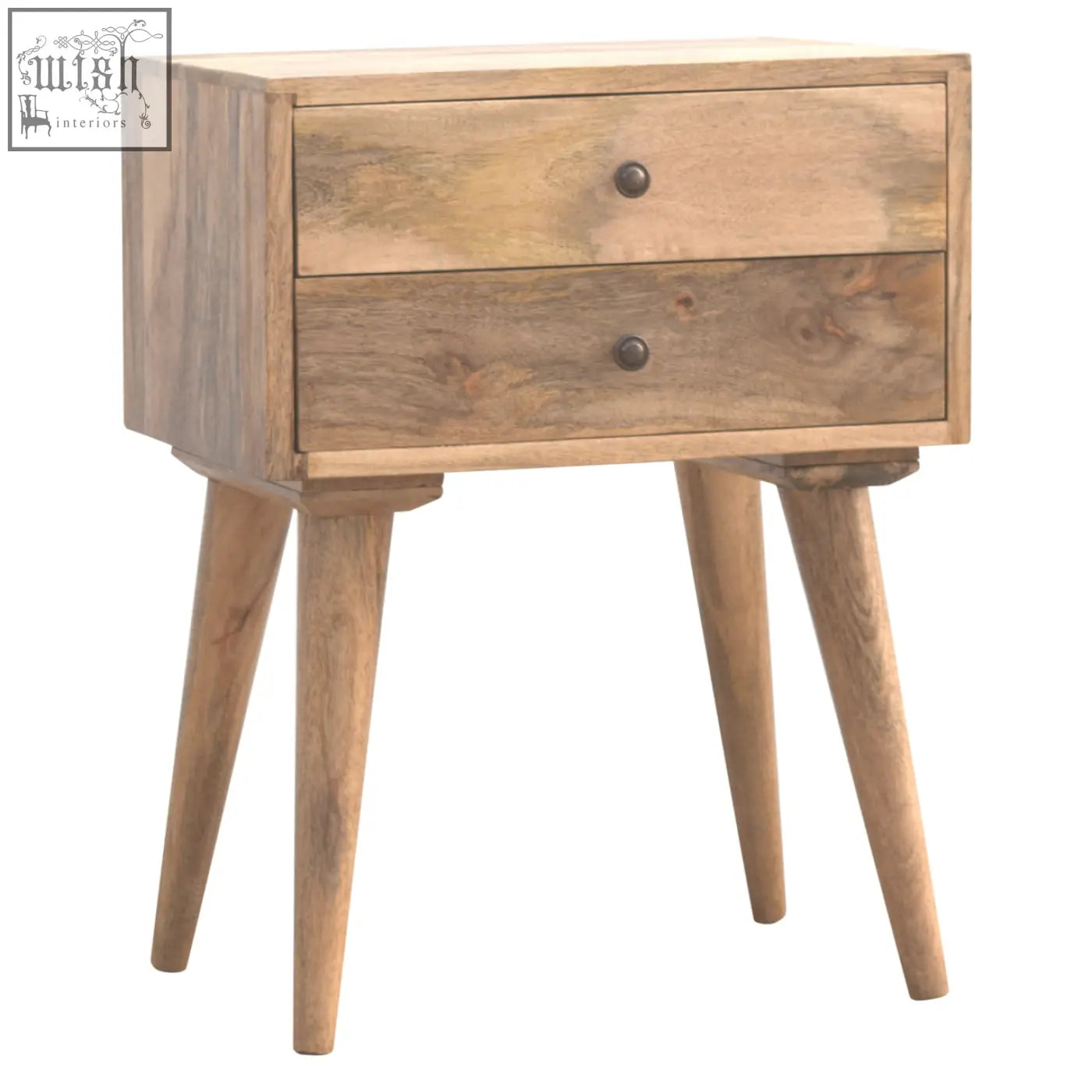 A rustic solid wood bedside table with two drawers and dark round knobs on tapered legs for modern bedrooms