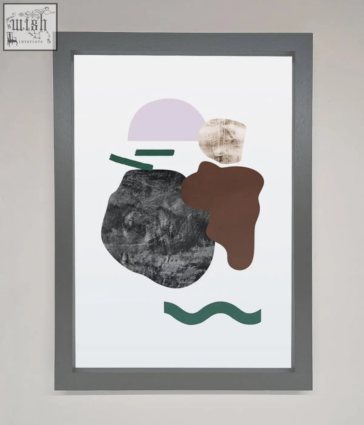 Modern splodge framed print with layered geometric shapes in muted lavender brown black green and beige tones in gray frame