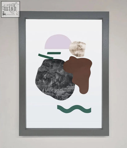 Modern splodge framed print with layered geometric shapes in muted lavender brown black green and beige tones in gray frame