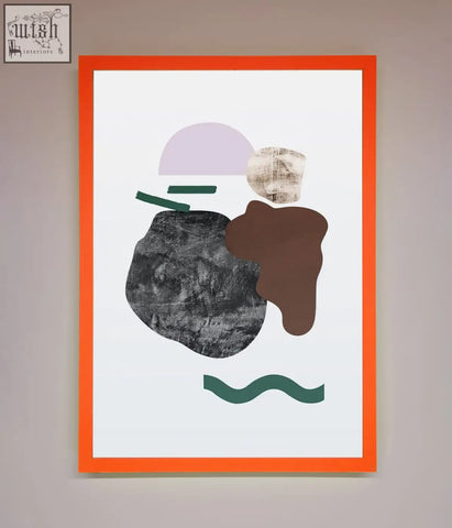 A modern splodge framed print featuring layered textured shapes in gray, brown, and green with a vibrant orange frame