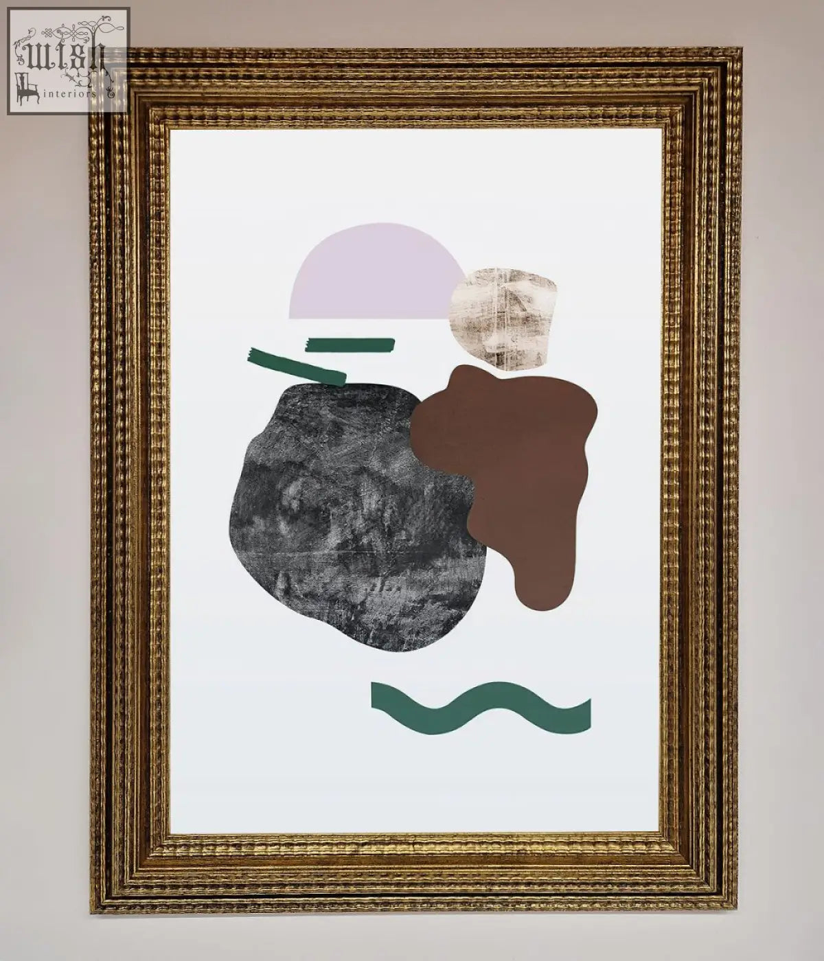 Modern splodge framed print featuring abstract layered geometric shapes in muted lavender brown charcoal gray and green