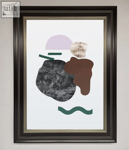 Modern splodge framed print with layered geometric shapes and textured surfaces in a dark brown frame