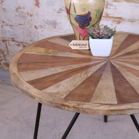 Mogas small coffee table round with a radial sunburst reclaimed wood top and black metal hairpin legs