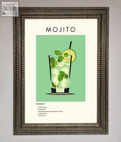 A mojito framed poster with a minimalist lime hues illustration of mint leaves and lime slices in a tall glass