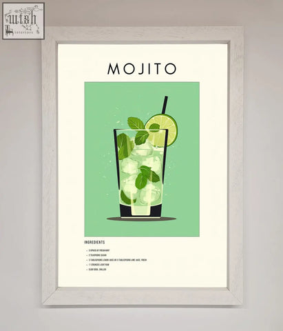 A mojito framed poster with a minimalist mojito illustration featuring lime hues and mint leaves on a light green background