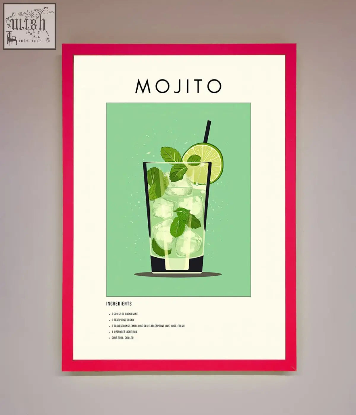 A vibrant pink-framed mojito framed poster with a minimalist mojito cocktail illustration in a tall glass