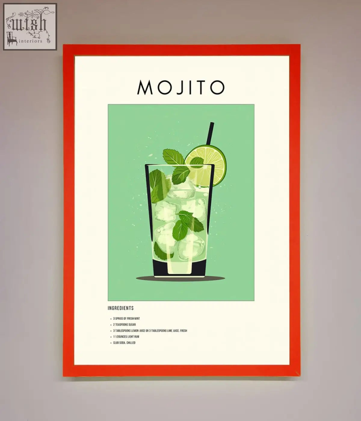 A mojito framed poster featuring a tall glass mojito with mint leaves and lime hues perfect for wall decor
