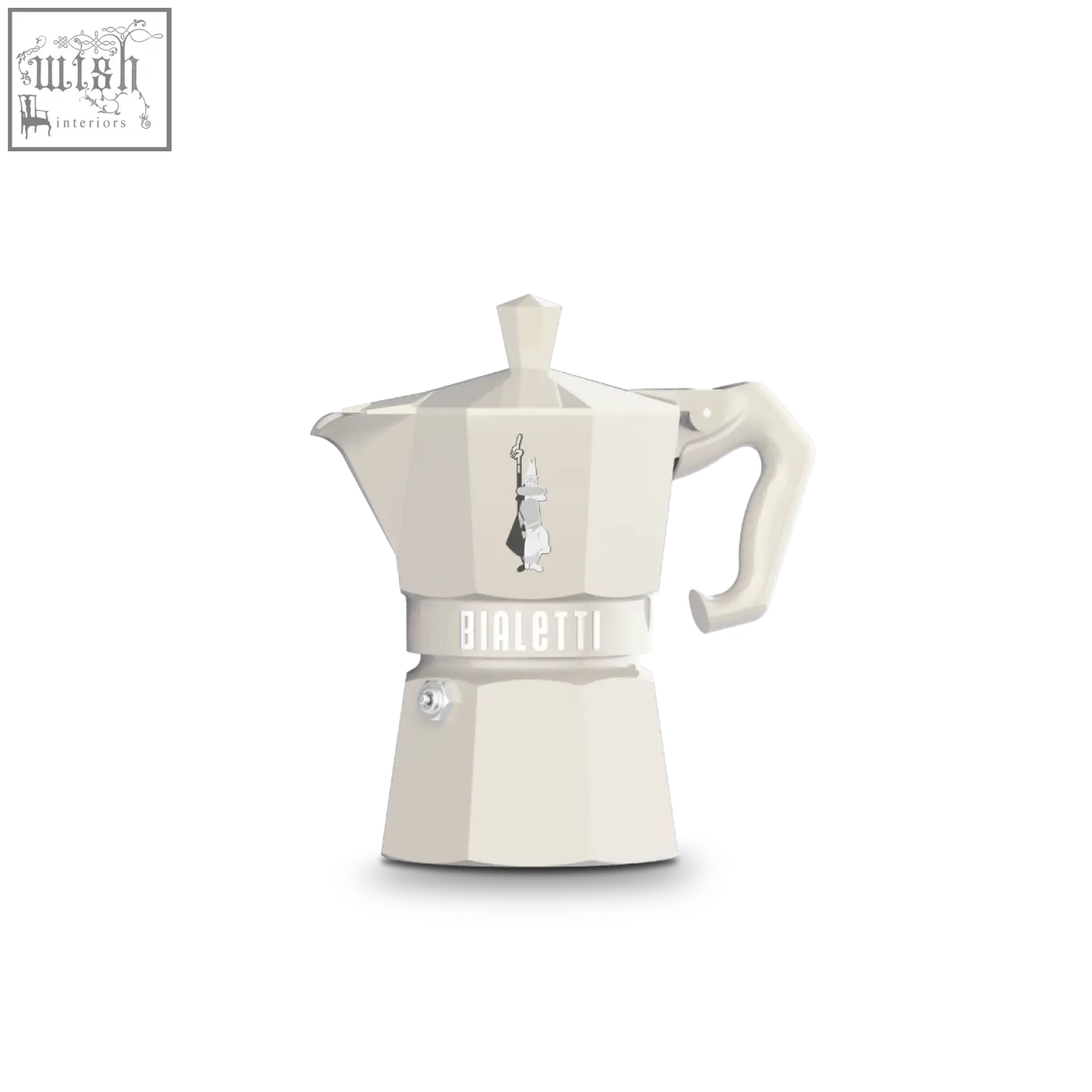 Cream-colored bialetti moka pot with silver logo and classic geometric design from moka express exclusive line