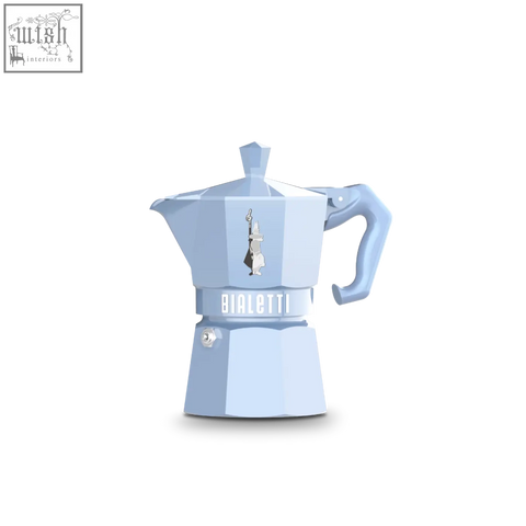 Light blue bialetti moka express exclusive moka pot with classic design and silver logo for coffee brewing