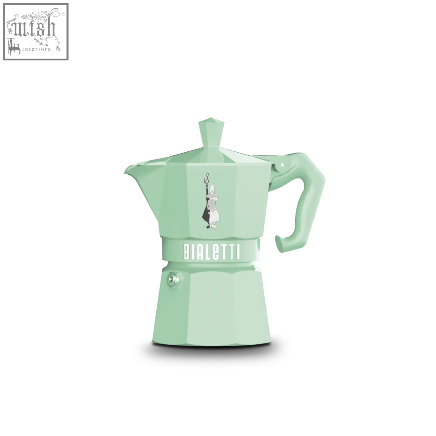 A mint green bialetti moka express exclusive moka pot with classic design and iconic bialetti moka logo