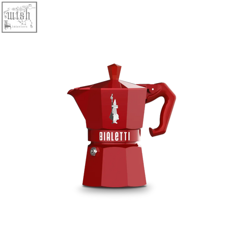 Red bialetti moka express exclusive moka pot with silver logo and handle perfect for espresso brewing