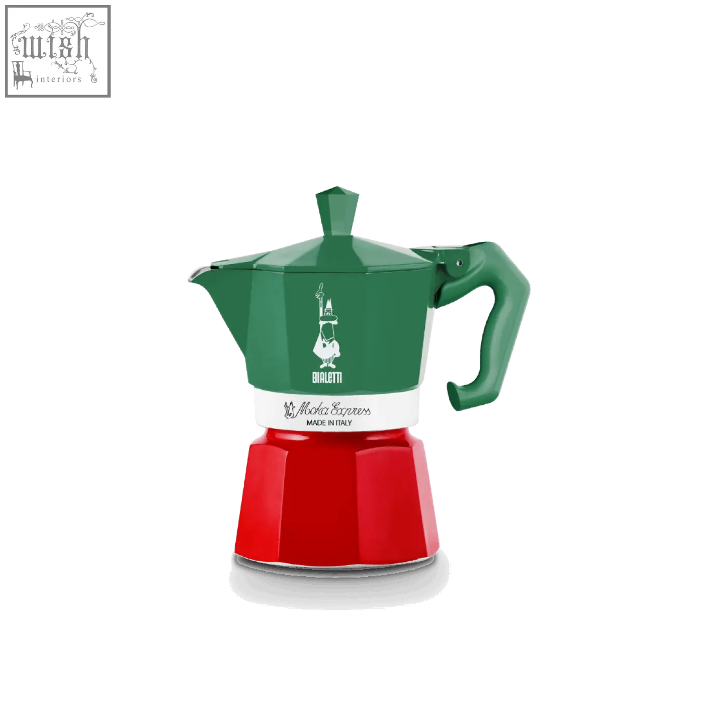 Green and red bialetti moka express exclusive with white band and brand logo perfect for espresso lovers