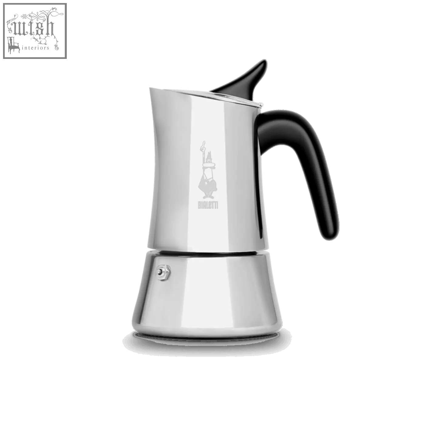 Silver bialetti moka express exclusive moka pot with black handle and spout for easy stovetop brewing