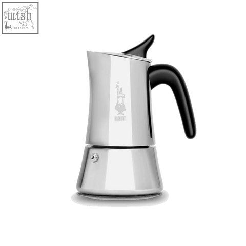 Silver bialetti moka express exclusive moka pot with black handle and spout for easy stovetop brewing