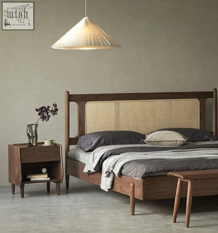 Mid-century modern mokuzai bed with woven rattan headboard and dark walnut premium wood finish