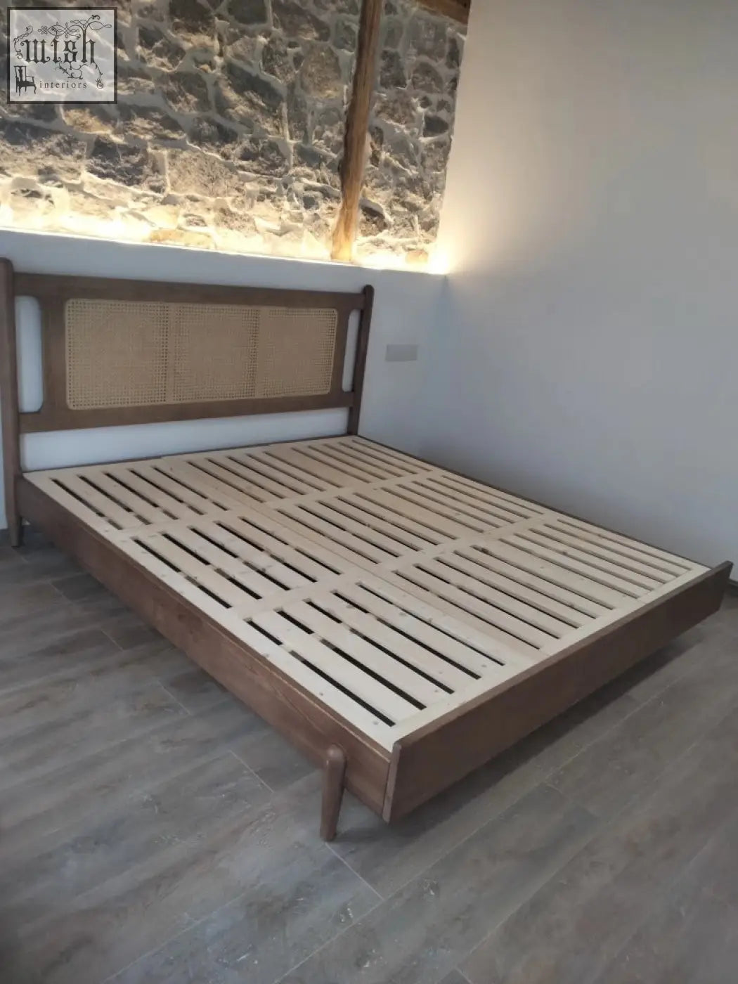 Minimalist mokuzai bed with premium wood frame and natural rattan headboard perfect for a stylish bedroom