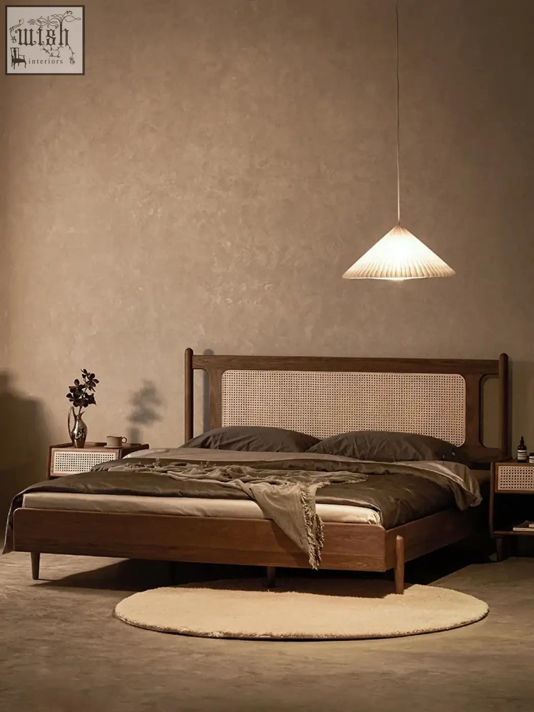 Minimalist mokuzai bed with woven cane headboard dark brown finish premium wood and solid construction