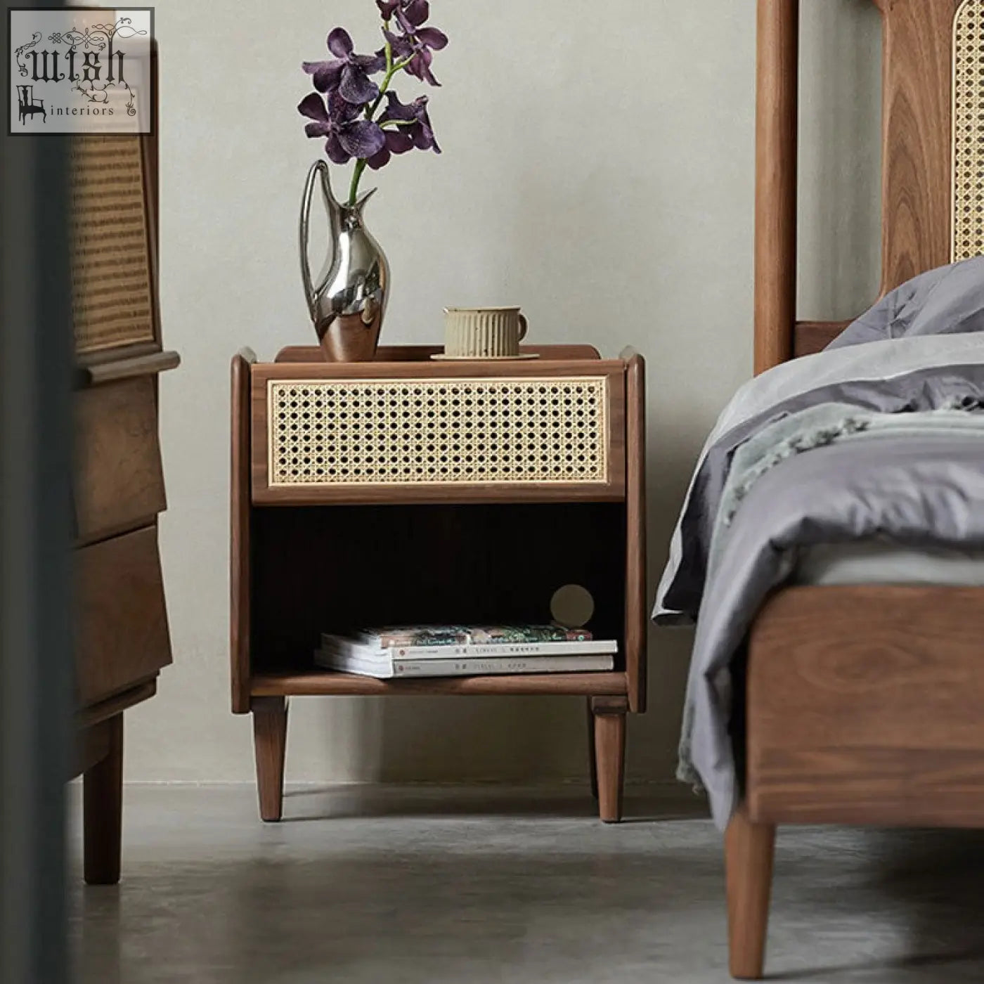A mid-century modern wooden nightstand with cane-weave front and tapered legs pairs perfectly with mokuzai bed premium wood design