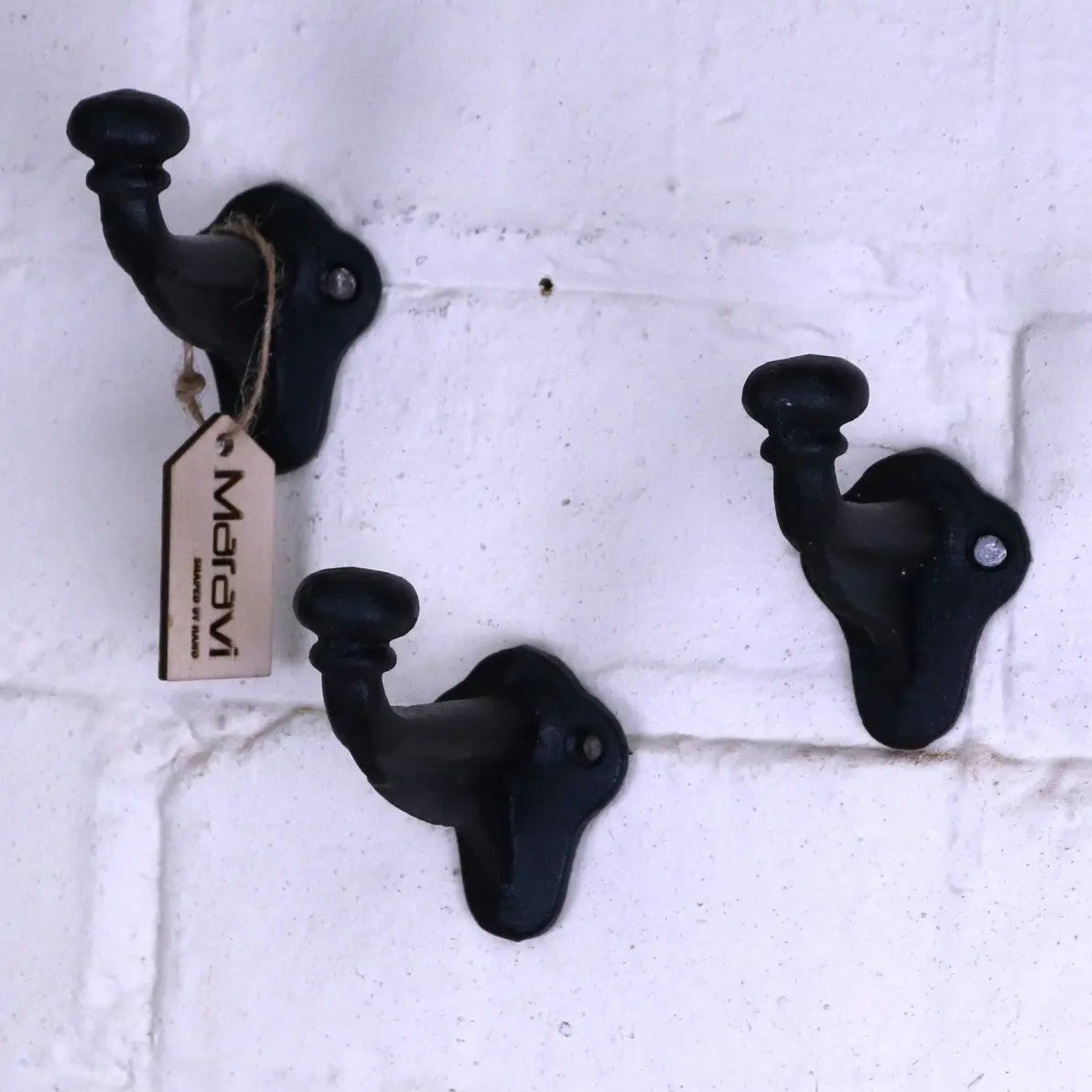 Black wrought iron single coat hook with vintage rounded bulbous ends Molari Tobar style set of 3