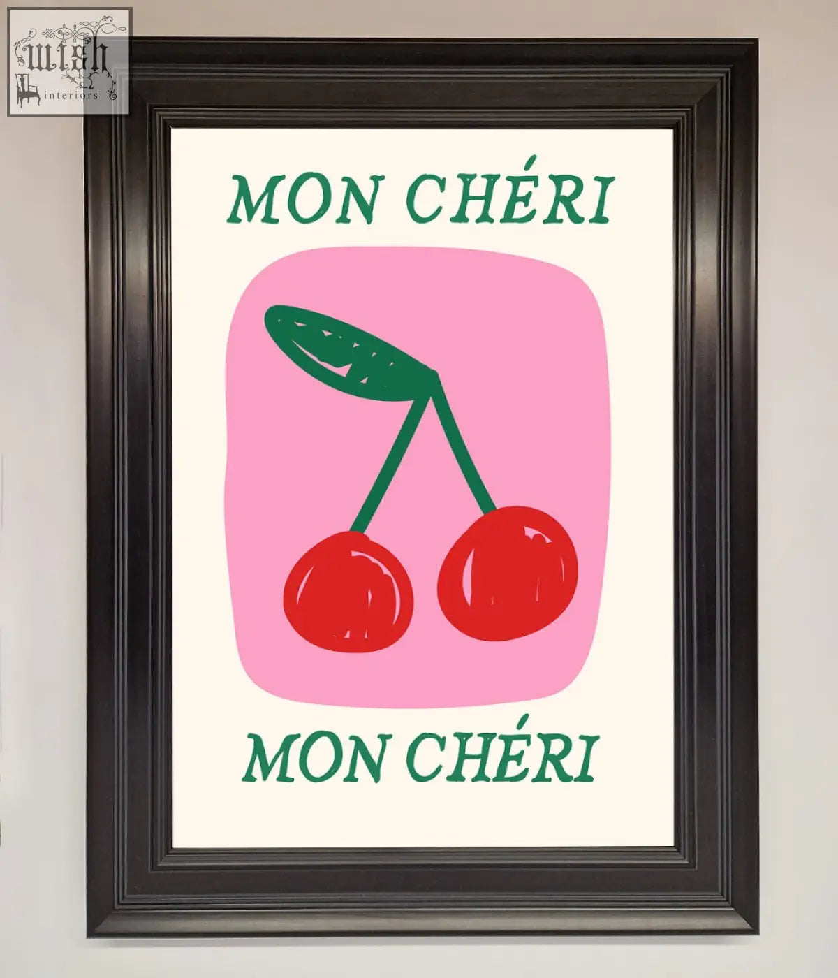 A mon cheri framed poster with red cherries and teal text on an off-white background perfect for wall decor