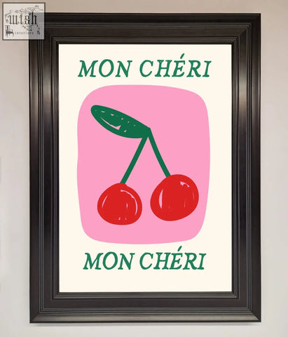 A mon cheri framed poster with red cherries and teal text on an off-white background perfect for wall decor