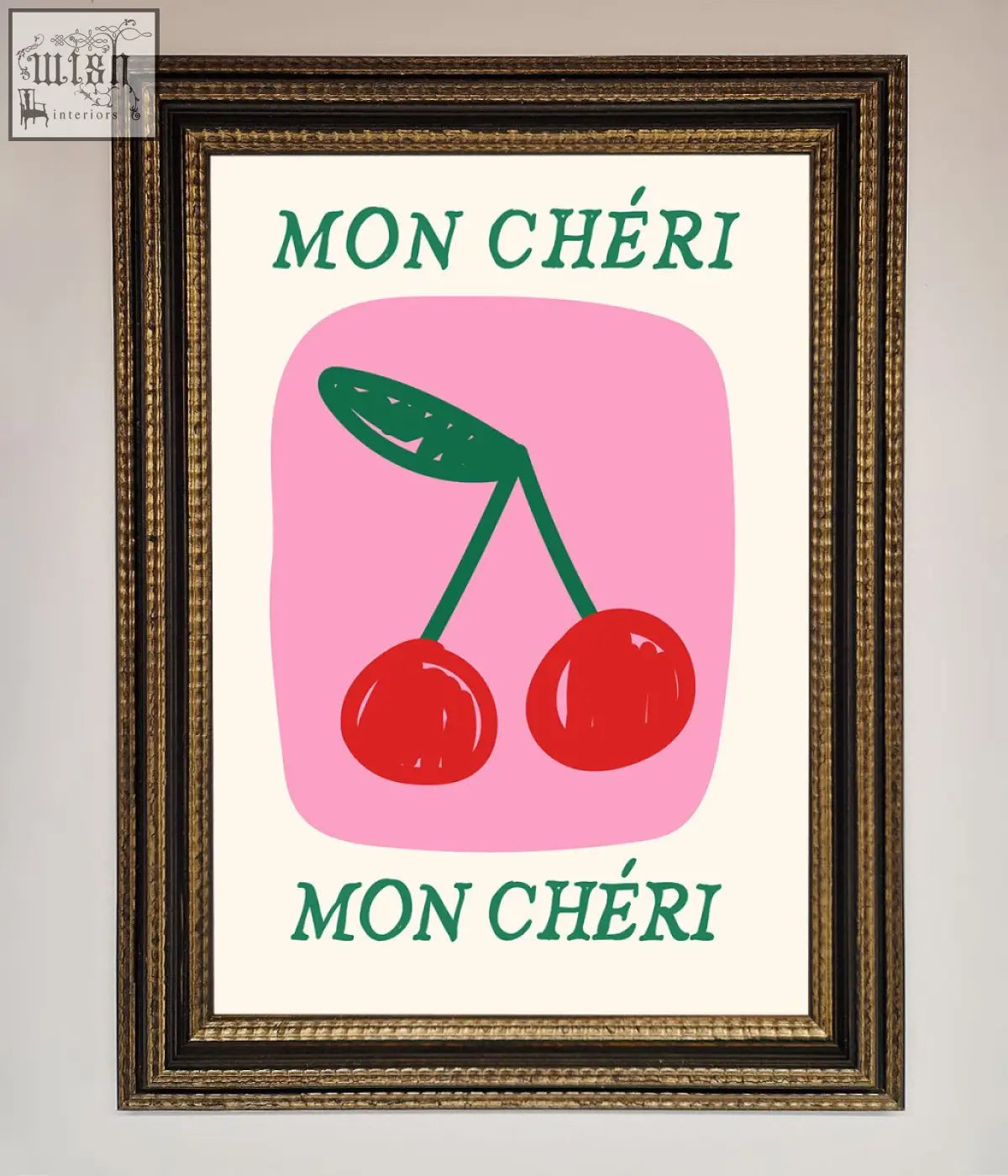 A mon cheri framed poster featuring stylized red cherries with green leaves on pink background and teal text borders