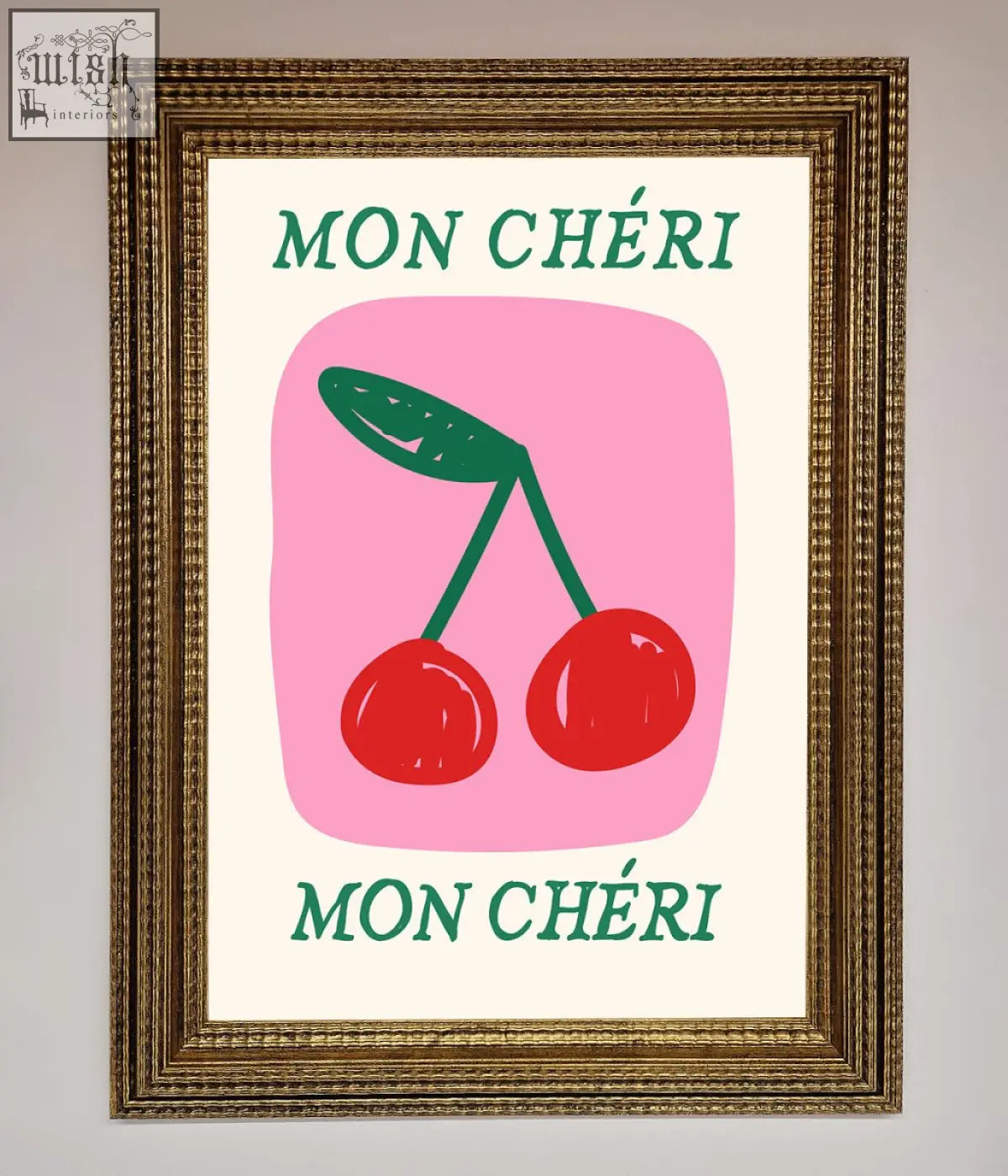 A mon cheri framed poster with two red cherries on a pink background and teal mon cheri text borders