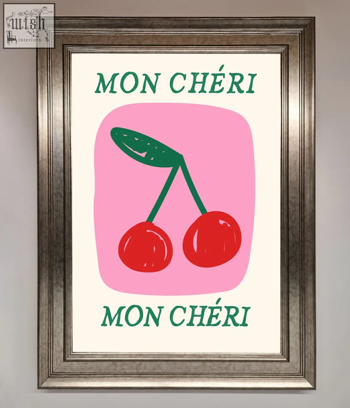 A mon cheri framed poster with stylized red cherries and teal text on pink background perfect for wall decor