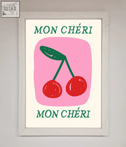 A mon cheri framed poster with red cherries and teal text on a pink background for stylish wall decor