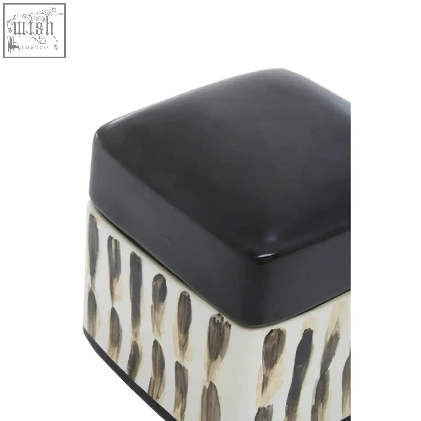 Mona brushstroke trinket box in black and cream ceramic with glossy black lid and vertical brushstroke pattern sides
