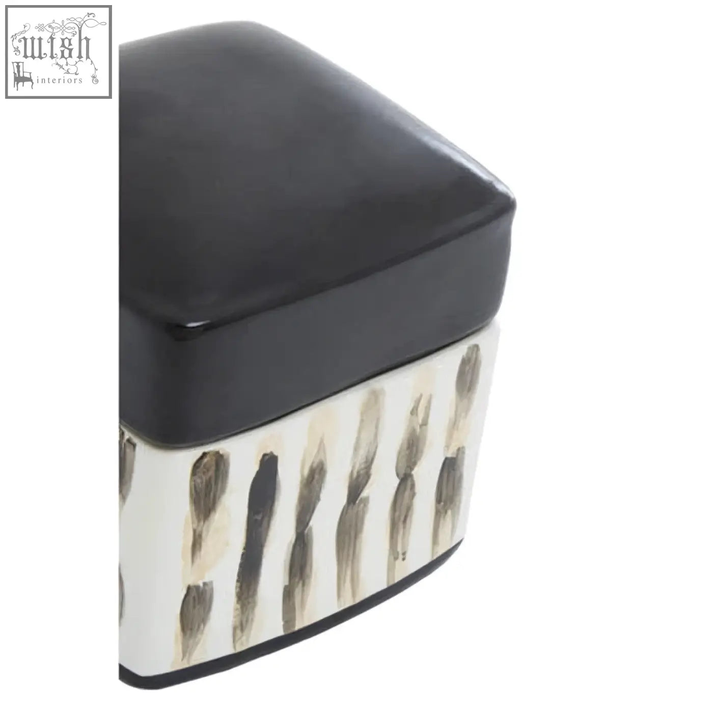Black and cream ceramic mona brushstroke trinket box with glossy finish and vertical brushstroke patterns