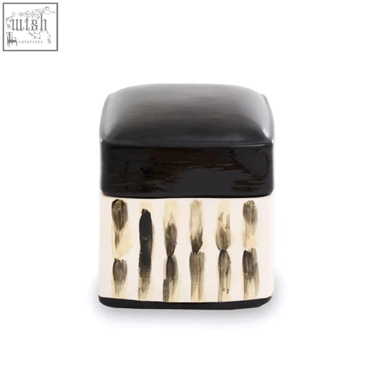 Black and cream ceramic mona brushstroke trinket box with vertical brushstroke patterns perfect for small storage