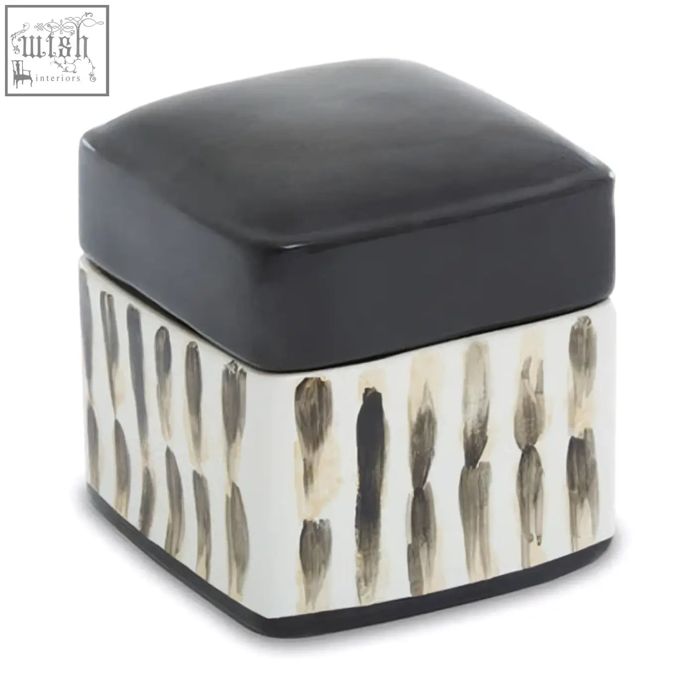 Black and white ceramic mona brushstroke trinket box with glossy black lid and vertical brushstroke patterns on sides
