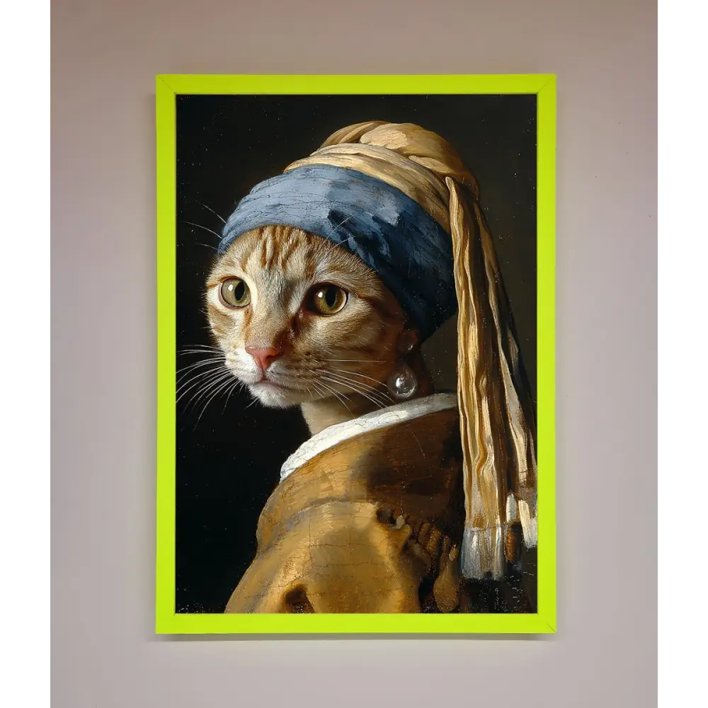 Mona Lisa Cat Framed Poster - A3 (29.7 x 42 cm) / Neon Green - Framed Print