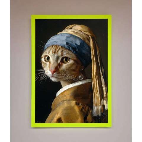 Mona Lisa Cat Framed Poster - A3 (29.7 x 42 cm) / Neon Green - Framed Print