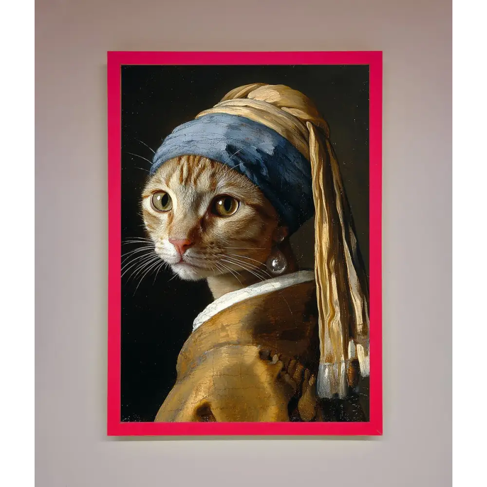Mona Lisa Cat Framed Poster - A3 (29.7 x 42 cm) / Neon Pink - Framed Print