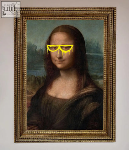 Mona lisa glasses framed print featuring mona lisa with glowing yellow sunglasses dripping on an ornate gold frame