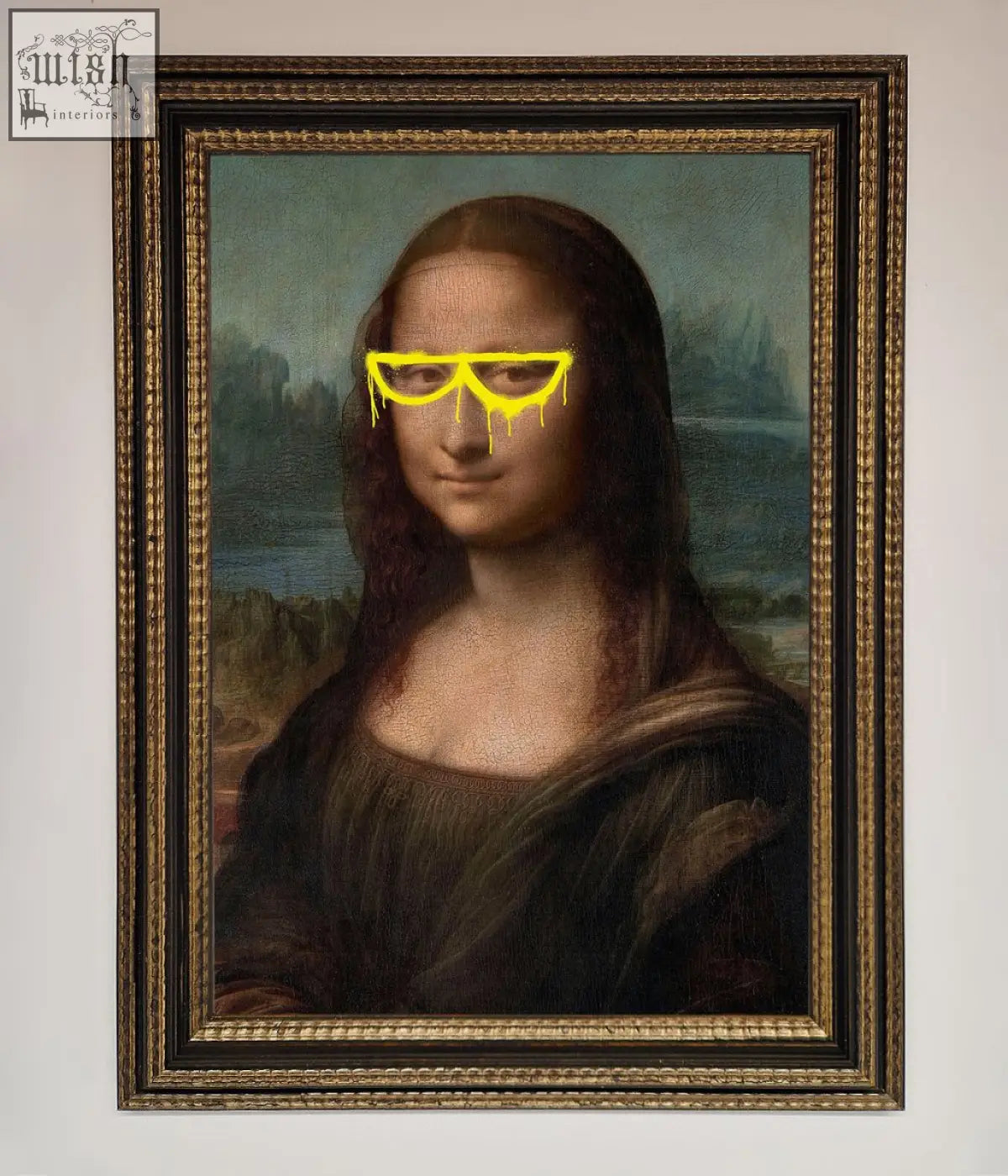 A mona lisa glasses framed print featuring the mona lisa wearing bright yellow dripping sunglasses in a sleek frame
