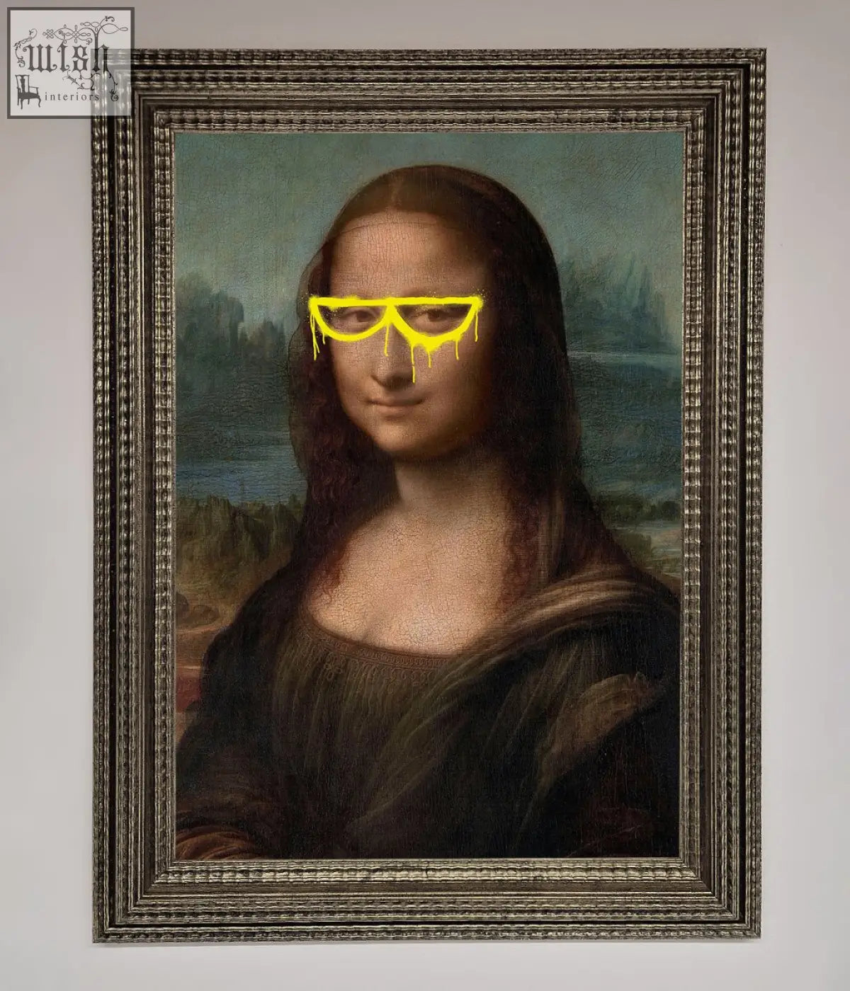 A framed print of mona lisa wearing bright yellow dripping mona lisa glasses perfect for wall decor