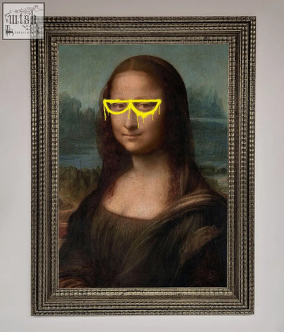A framed print of mona lisa wearing bright yellow dripping mona lisa glasses perfect for wall decor
