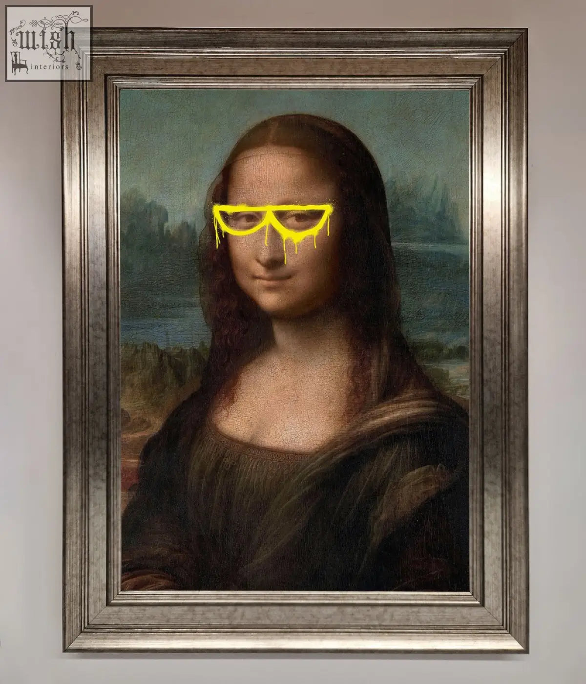 A framed mona lisa glasses print featuring lisa wearing bright yellow dripping sunglasses artwork for wall decor
